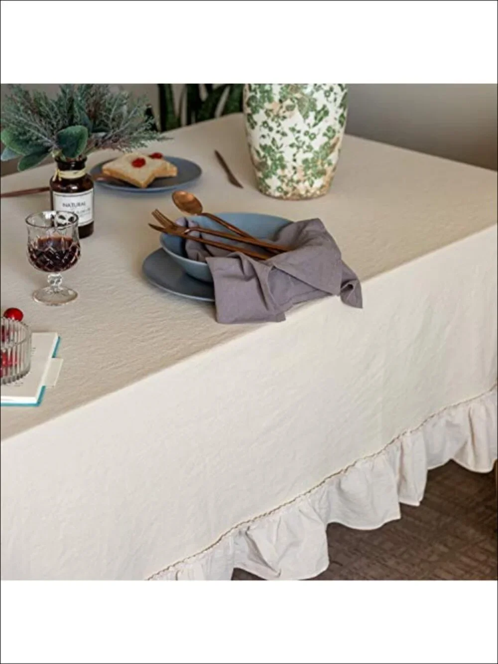 Farmhouse Ruffle Trim Tablecloth 100% Cotton Rectangle for Dining Party